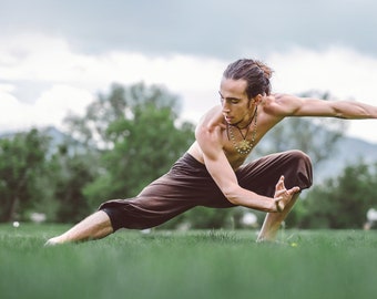 Dastan Pants ~ Men's Yoga,  Martial Arts and Parkour Pants ~ Elven Forest, mens festival clothing ~ custom length based on height, tall