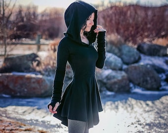 Sweater Warmer Dress ~ Structured Hood with arm warmers and thumbholes ~ Elven Forest ~ Winter Dress