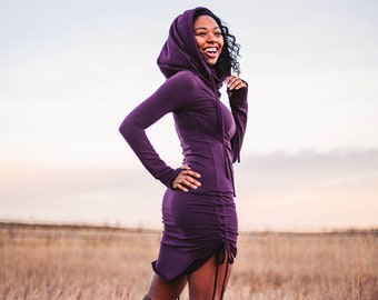 Hi-Lo Scrunchie Dress with Cowl Hood - adjustable length ~ and thumbholes