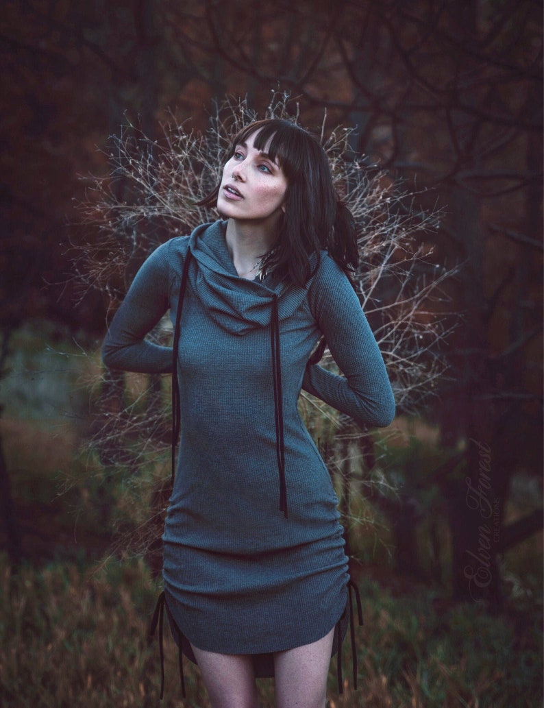 Thermal Hoodie Dress with thumbholes Elven Forest, Winter dress, Festival clothing image 8