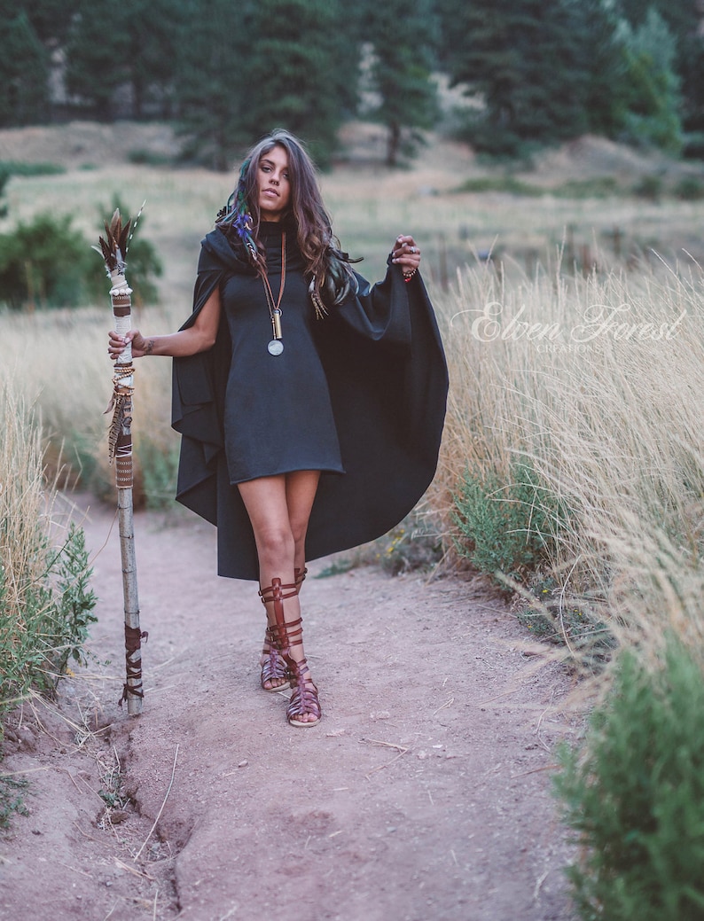 Hooded Cape Dress ~ Elven Forest, cowl hood, Festival clothing 