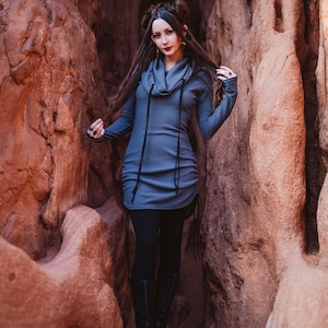 Thermal Hoodie Dress with thumbholes Elven Forest, Winter dress, Festival clothing image 2