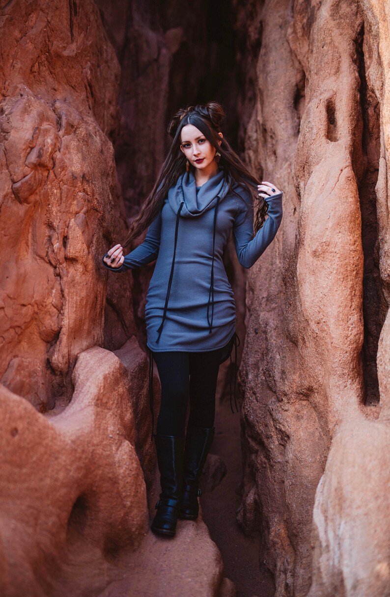 Thermal Hoodie Dress with thumbholes Elven Forest, Winter dress, Festival clothing image 2