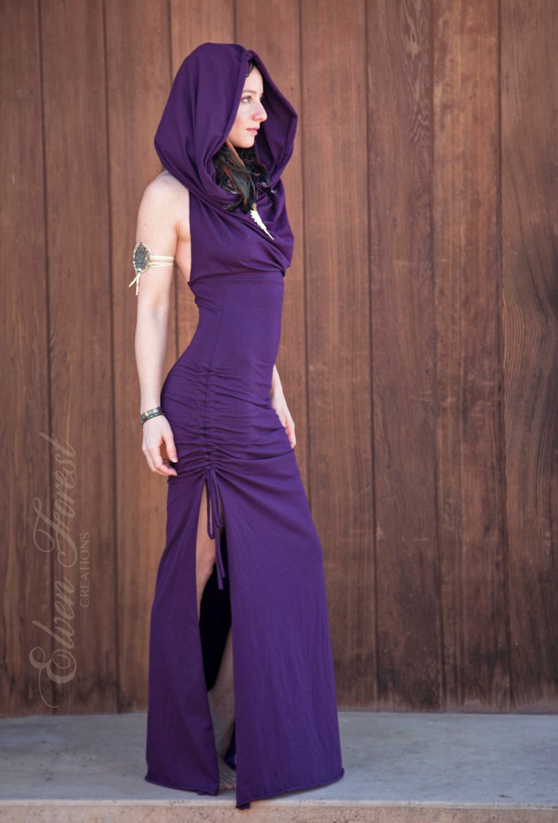 Goddess Scrunchie Maxi Dress ~ with Cowl Hood ~ Elven Forest, Burning Man, Festival Clothing 