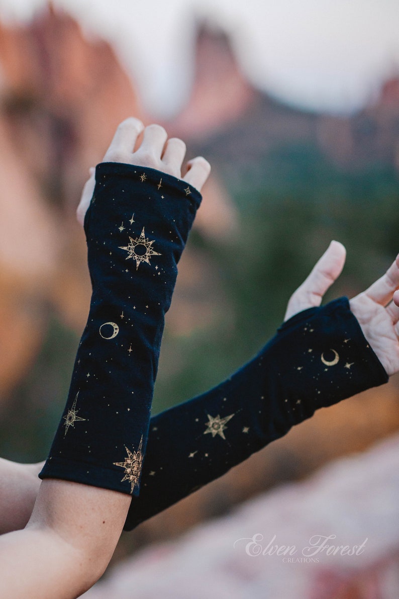 Celestial Fingerless Gloves Elven Forest, festival clothing, arm warmers, fun accessories, love image 3