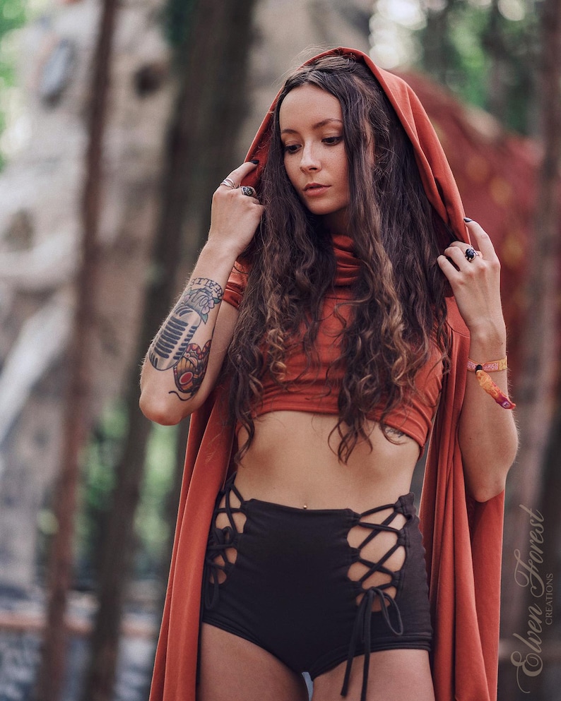 Wing Sleeve Crop top With Generous Hood Elven Forest, Festival Clothing, Burning Man costume, Ren Faire, Greek vibes, Goddess wear image 1