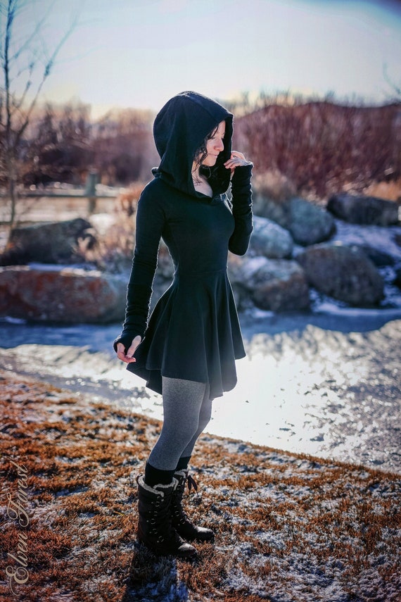 Sweater Warmer Dress Structured Hood With Arm Warmers and Thumbholes Elven Forest Winter Dress Etsy
