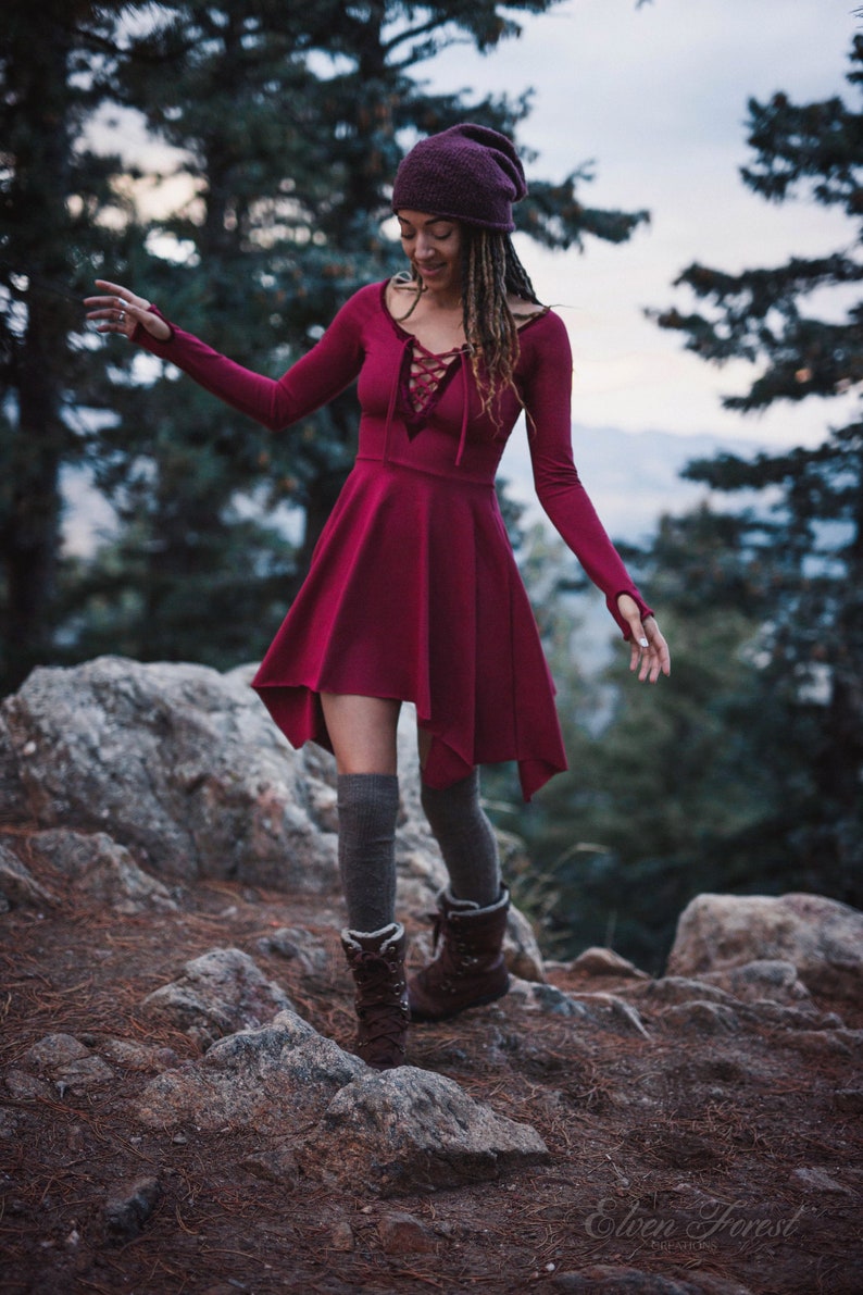 Velvet Lace-Up Pixie Dress ~ Fit and Flare Pixie Skirt ~ Long Sleeves and Thumbholes ~ Elven Forest, Winter dress 