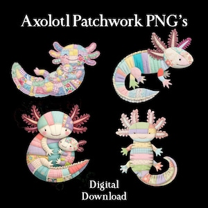 Patchwork Axolotl PNG Bundle, téléchargement numérique Pastel mignon, clipart salamandre kawaii matelassé pour sublimation, conception de tissu cousu