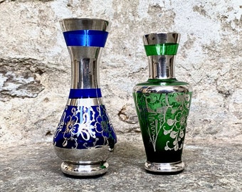 Pair of Venetian Blue & Green Glass Silver Overlay Vases