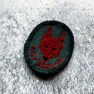 May include: A green embroidered patch with a red fox head and the text "Boy Scouts" in red.