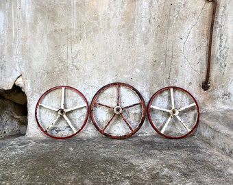 Trio of Antique Painted Red & White Industrial Cart Wheels