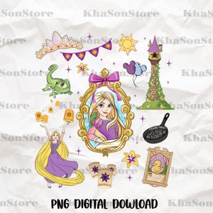 May include: A collection of colorful digital illustrations featuring a princess, a tower, a frying pan, and other related elements. The image includes the text "PNG DIGITAL DOWNLOAD".