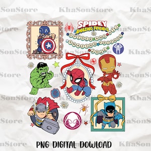 Può includere: Una collezione di illustrazioni di cartoni animati con supereroi Marvel, tra cui Capitan America, Spider-Man, Iron Man, Hulk, Thor e Batman. L'immagine include il testo "Spidey and His Amazing Friends 2026" e "PNG DIGITAL DOWNLOAD."