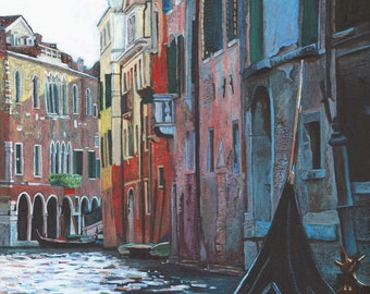 Venetian Backwater, fine art giclée print, Venice canal, gondola on water, Italy