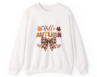 Hello Autumn Plaid Bow Sweatshirt | Fall Leaf Crewneck | Cozy Autumn Sweater | Cute Fall Gift for Her