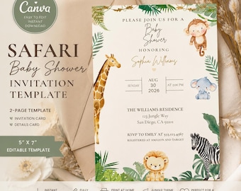 Safari Baby Shower Invitation Template | Editable Canva Jungle Invite | Watercolor Animal Baby Shower | Printable Digital Download