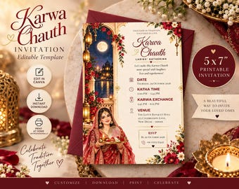 Karwa Chauth Invitation Template, Editable Canva Invite, Ladies Gathering Invitation, Printable & Mobile Version, Instant Download