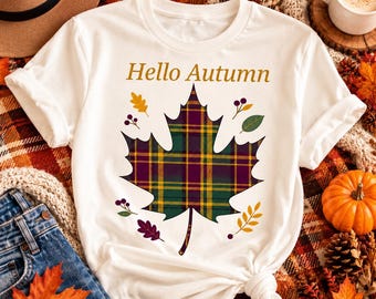 Hello Autumn Maple Leaf T-Shirt | Plaid Fall Leaf Tee | Minimalist Autumn Shirt | Cozy Fall Gift