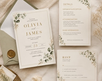 Elegant Sage Green Wedding Invitation, Botanical Invite Template, Canva Editable Wedding Suite, Minimalist Luxury Printable Invitation Set