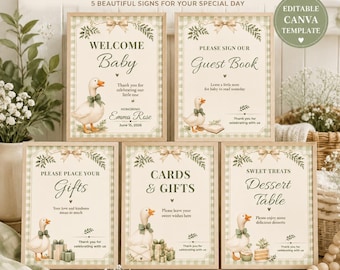Silly Goose Baby Shower Signs, Welcome Baby Sign, Guest Book Sign, Gifts Sign, Dessert Table Decor, Sage Green Gingham, Canva Template