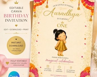 First Birthday Invitation, Indian, Gold Birthday Invitation, 1st Birthday Girl Invite, Editable Canva Template, Baby Girl Birthday Card