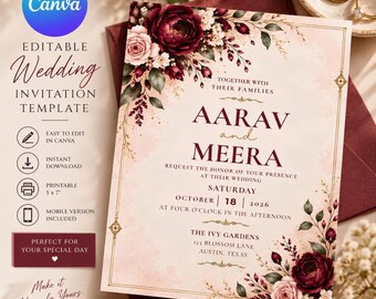 Burgundy Floral Wedding Invitation Template | Editable Canva Invite | Printable & Mobile