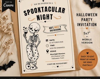 Halloween Party Invitation Editable Template, Skeleton Adult Halloween Invite Printable, Spooktacular Night Digital Download Canva