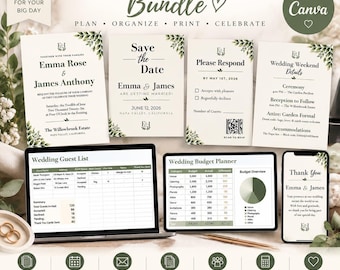 Sage Green Wedding Invitation Suite, Editable Canva Template, Boho Botanical Wedding Invite Bundle, RSVP Card, Guest List, Budget Tracker