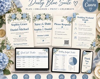 Dusty Blue Hydrangea Wedding Invitation Suite, Editable Canva Template, Something Blue Botanical Wedding Bundle, RSVP, Guest List, Budget