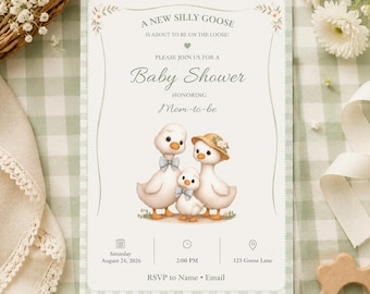 Watercolor Goose Family Baby Shower Invitation, Gingham Theme,sage green , Gender Neutral , Canva Editable Template, Printable Invite
