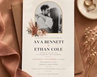 Photo Wedding Invitation, Arch Frame Boho Editorial Couple Photo, Terracotta Dried Florals Editable Printable Canva Template