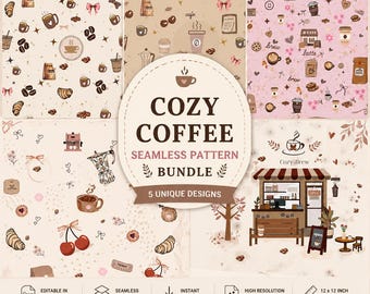 Coffee Lover Seamless Pattern Bundle | 5 Coffee Digital Papers | Cozy Cafe Pattern | JPG PNG | Commercial Use