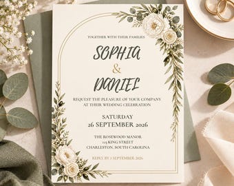 Floral Wedding Invitation Template | Ivory White Rose Greenery Invite | Gold Botanical Editable Canva Template | Elegant Printable