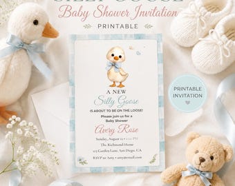 Silly Goose Baby Shower Invitation, Blue Gingham Invite, Gender Neutral Editable Canva Template, Printable & Mobile, Instant Download