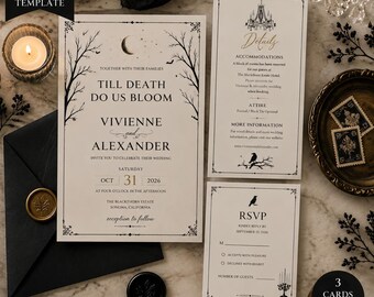 Gothic Halloween Wedding Invitation, Till Death Do Us Bloom, Black & Ivory Invite, Editable Canva Template, October Wedding
