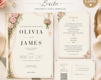 Floral Wedding Invitation Template, Editable Canva Wedding Suite, Botanical Invite Set, Printable Wedding Bundle, Gold Wedding Stationery