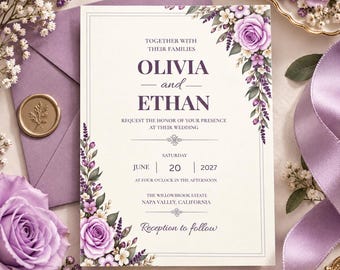 Purple Floral Wedding Invitation | Lavender Wedding Invite | Editable Canva Template