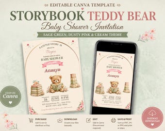 Storybook Teddy Bear Baby Shower Invitation, Editable Canva Template , A Little Story Begins, Printable  watercolor Teddy Invite, Soft Sage