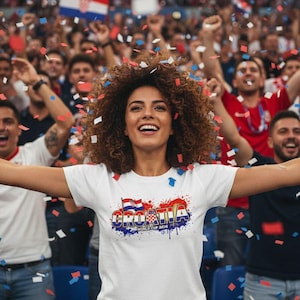 Pu&ograve; includere: Una maglietta bianca con la scritta "CROATIA" in rosso, bianco e blu, con la bandiera croata e il testo "WORLD CUP 2024". La maglietta &egrave; indossata da una persona tra la folla, con coriandoli che cadono.