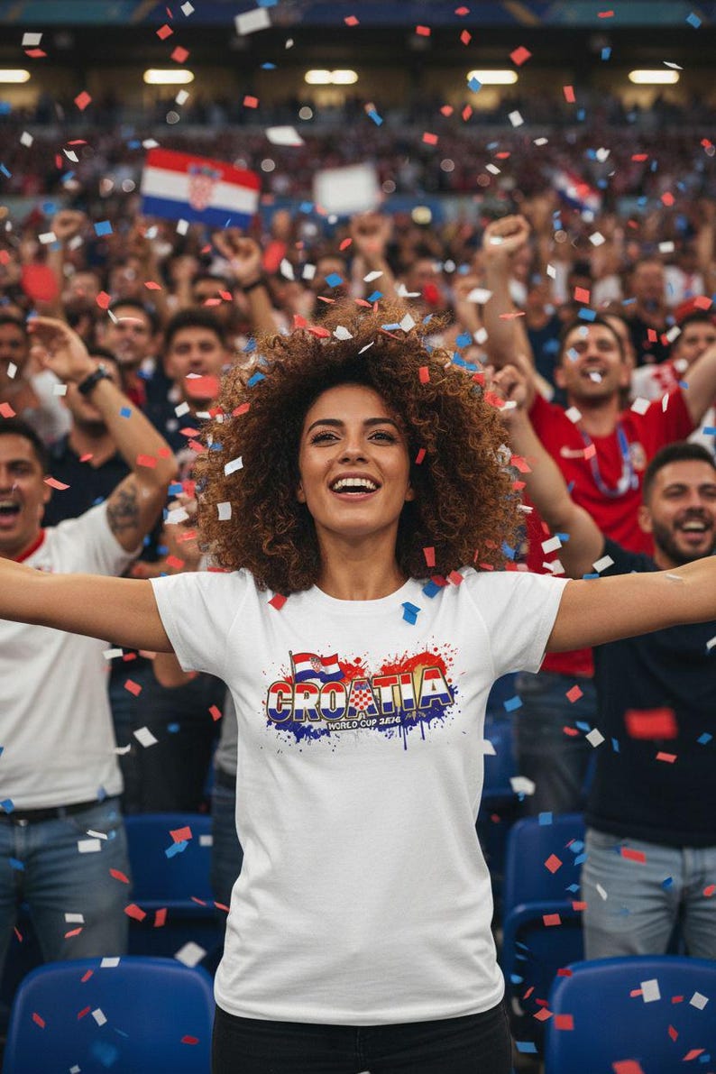 Pu&ograve; includere: Una maglietta bianca con la scritta "CROATIA" in rosso, bianco e blu, con la bandiera croata e il testo "WORLD CUP 2024". La maglietta &egrave; indossata da una persona tra la folla, con coriandoli che cadono.