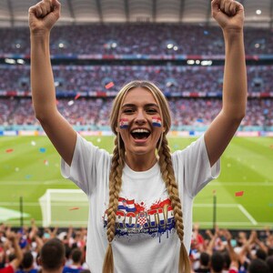 Pu&ograve; includere: Una donna con trecce bionde e trucco con la bandiera croata fa il tifo in uno stadio di calcio. Indossa una maglietta bianca con un disegno della bandiera croata e la scritta "CROATIA WORLD CUP 2020".