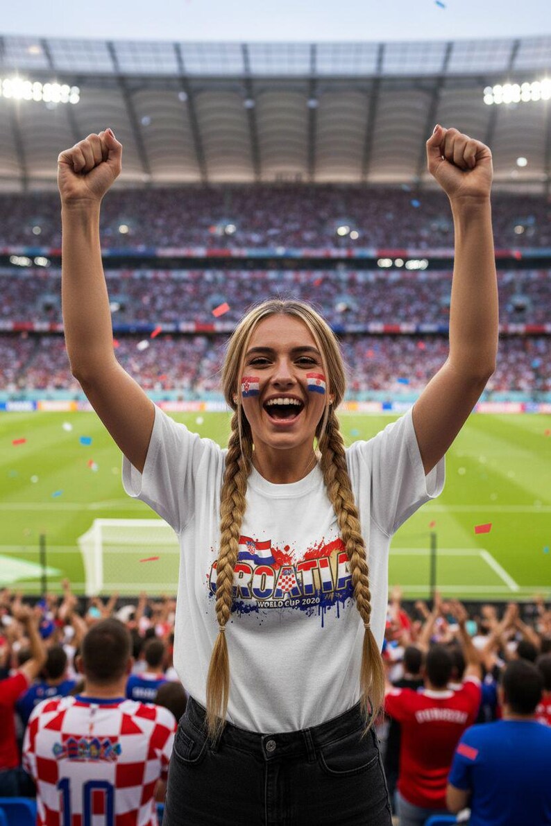 Pu&ograve; includere: Una donna con trecce bionde e trucco con la bandiera croata fa il tifo in uno stadio di calcio. Indossa una maglietta bianca con un disegno della bandiera croata e la scritta "CROATIA WORLD CUP 2020".