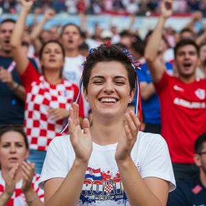 Pu&ograve; includere: Una donna applaude e sorride, indossando una maglietta bianca con un disegno della bandiera croata e la scritta "ROAT WORLD CUP 2020". Altri spettatori indossano camicie a scacchi bianchi e rossi e sventolano bandiere.