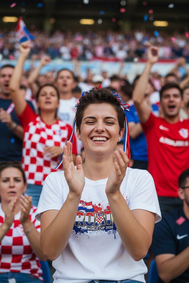 Pu&ograve; includere: Una donna applaude e sorride, indossando una maglietta bianca con un disegno della bandiera croata e la scritta "ROAT WORLD CUP 2020". Altri spettatori indossano camicie a scacchi bianchi e rossi e sventolano bandiere.