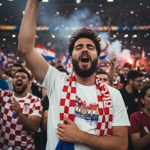 Pu&ograve; includere: Un uomo tra la folla, con una maglietta bianca e una sciarpa a scacchi rossi e bianchi, festeggia con il pugno alzato. La maglietta ha un design Croazia Coppa del Mondo 2020. Altri tifosi sono visibili sullo sfondo.