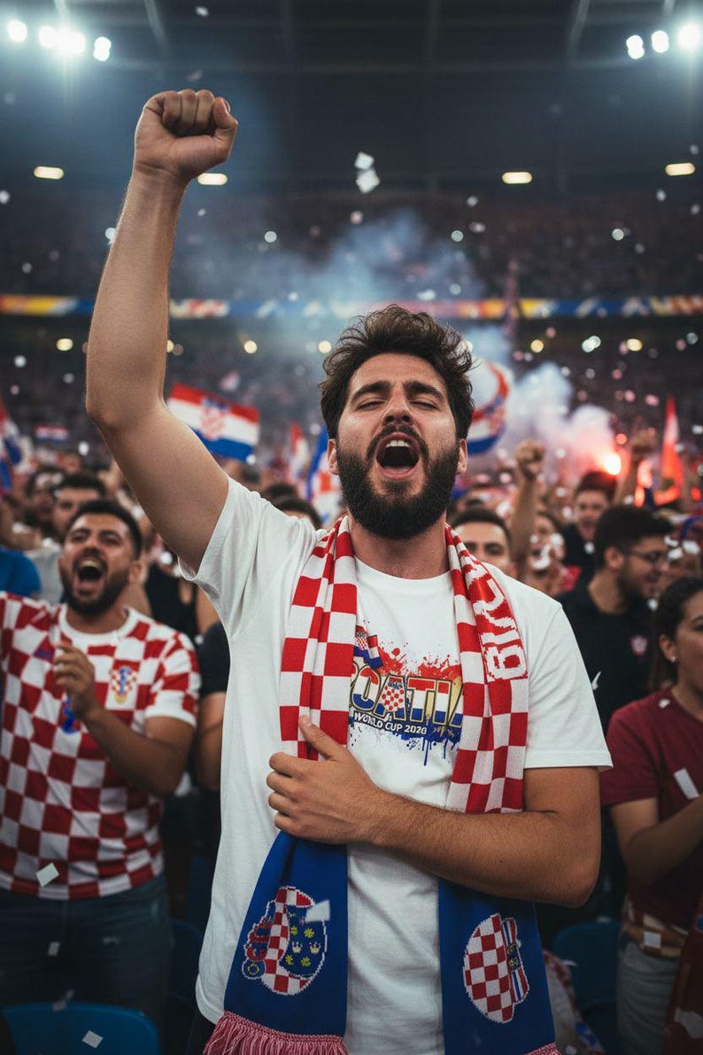 Pu&ograve; includere: Un uomo tra la folla, con una maglietta bianca e una sciarpa a scacchi rossi e bianchi, festeggia con il pugno alzato. La maglietta ha un design Croazia Coppa del Mondo 2020. Altri tifosi sono visibili sullo sfondo.