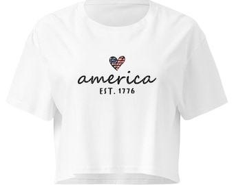 Top corto America, maglietta grafica USA con cuore, maglietta patriottica Est 1776