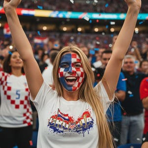 Pu&ograve; includere: Una persona con il trucco della bandiera croata festeggia a un evento sportivo. Indossa una maglietta bianca con un disegno della bandiera croata e la scritta "CROATIA WORLD CUP 2026". Coriandoli fluttuano nell'aria.