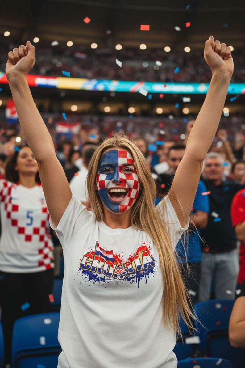 Pu&ograve; includere: Una persona con il trucco della bandiera croata festeggia a un evento sportivo. Indossa una maglietta bianca con un disegno della bandiera croata e la scritta "CROATIA WORLD CUP 2026". Coriandoli fluttuano nell'aria.